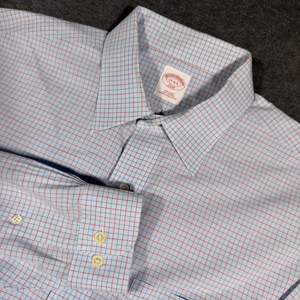 Brooks Brothers Button Down Shirt Mens 17-4/5 Blue Red Plaid Non-Iron‎ Cotton